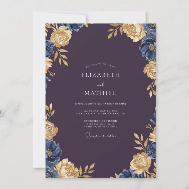 Plum Gold Ranunculus Grey Eucalyptus Wedding Invitation (Front)