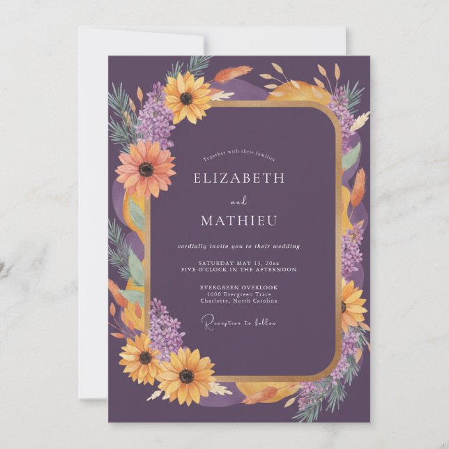 Plum Gold Sunflower Eucalyptus Wedding Invitation (Front)