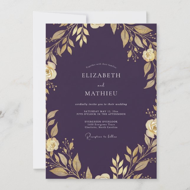 Plum Gold Vine Wedding Invitation (Front)