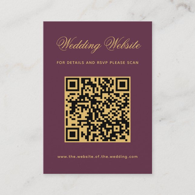 Plum Gold Wedding Website QR Code Wine Colour  Enclosure Card (Front)