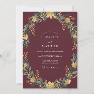 Plum Gold Wreath Wedding Invitation