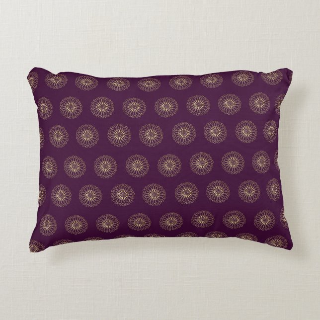 Plum | Golden Zinnia Flower Medallions Decorative Cushion (Front)