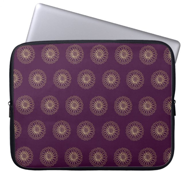 Plum | Golden Zinnia Flower Medallions Laptop Sleeve (Front)