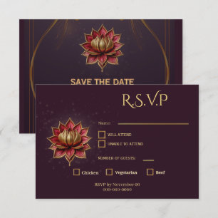 Plum Gothic Save the Date Elegant Gold Lotus RSVP Card