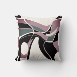 Plum Green Black on Off-White Swirling Art Motif Cushion