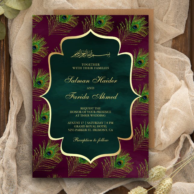 Plum Green Peacock Feathers Muslim Wedding Invitation (Creator Uploaded)