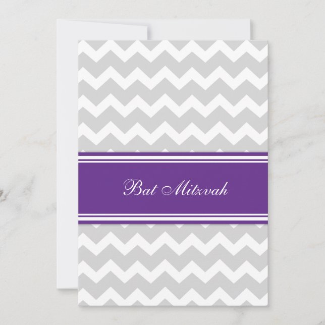 Plum Grey Chevron Bat Mitzvah Invitations (Front)