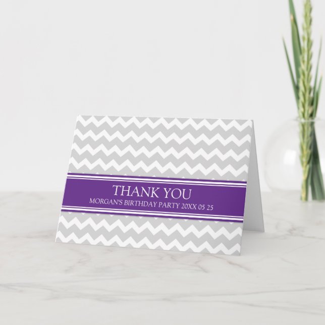 Plum Grey Chevron Birthday Party Thank You Card (Front)