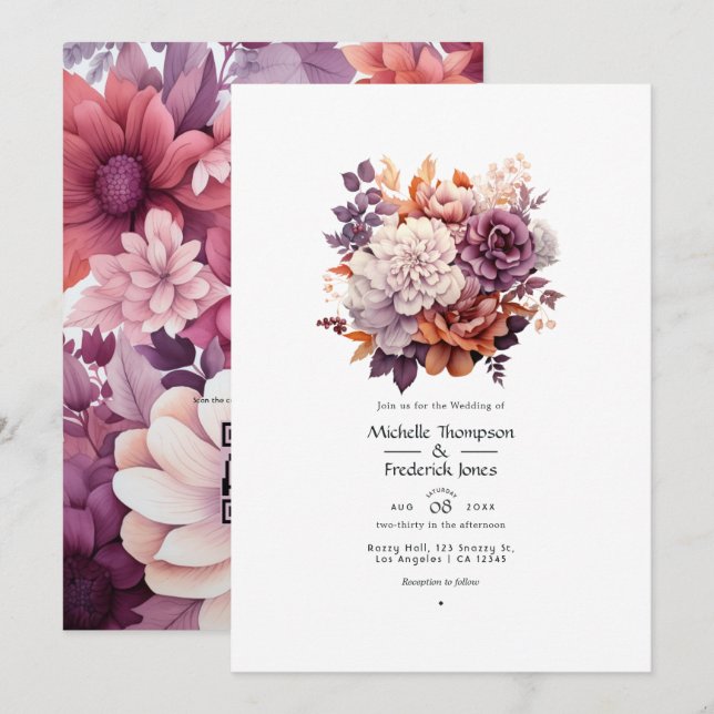 Plum, Grey, Copper and Dusty Rose Floral Wedding Invitation (Front/Back)