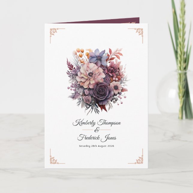 Plum, Grey, Copper and Dusty Rose Floral Wedding Programme (Front)