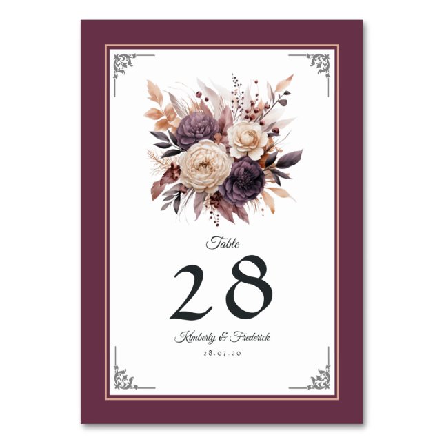 Plum, Grey, Copper and Dusty Rose Floral Wedding Table Number (Front)