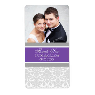 Plum Grey Damask Photo Wedding Labels