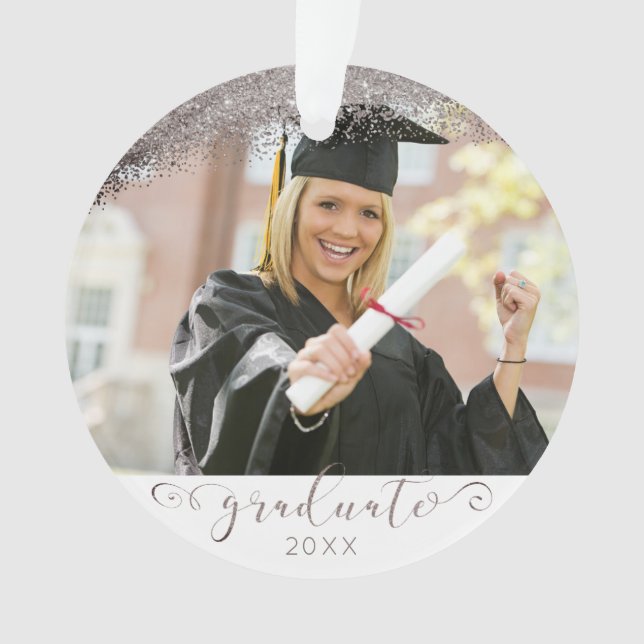 Plum Grey & Silver Script Graduate Photo Keepsake Ornament (Front)