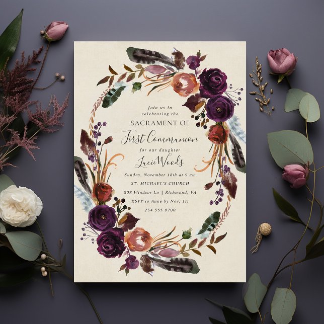 Plum Harvest Floral First Communion Invitation (Creator Uploaded)