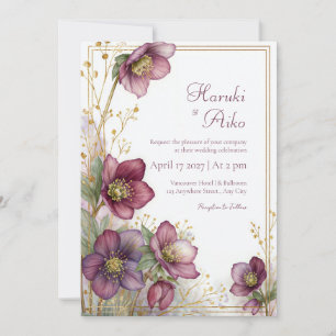 Plum Hellebore Gold Glitter Botanical Frame Invitation