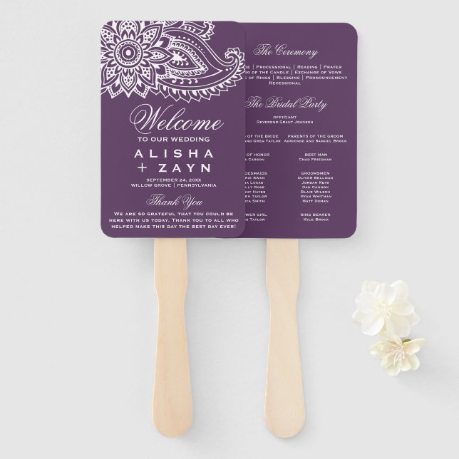 Plum Indian Paisley Wedding Program Hand Fan (Front and Back)