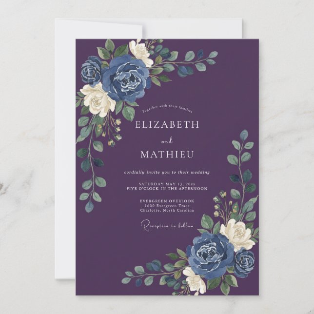 Plum Indigo Petal Wedding Invitation (Front)