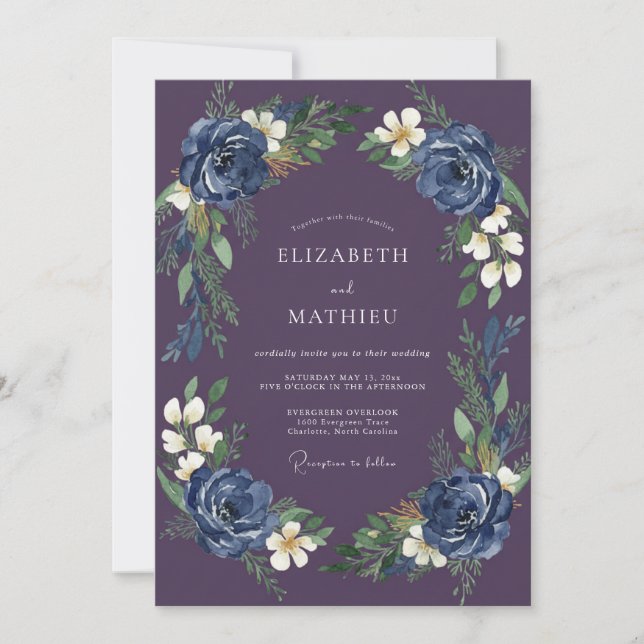 Plum Indigo Wreath Wedding Invitation (Front)