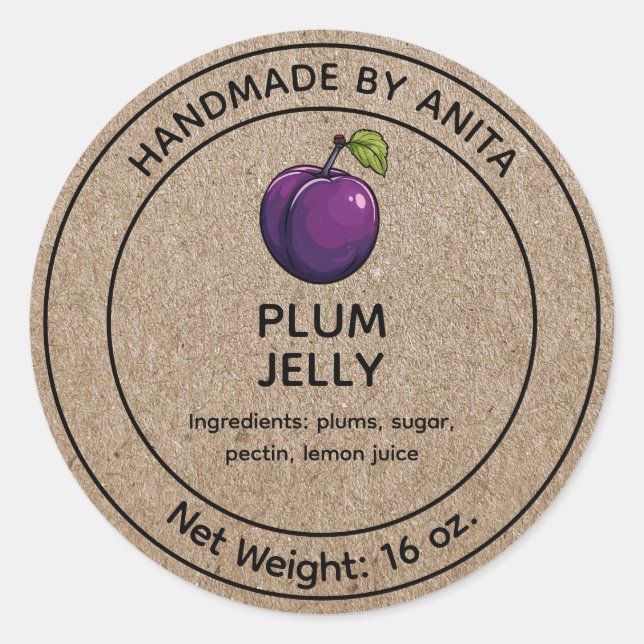 Plum Jam Jelly Jar Label Kraft Paper Style (Front)
