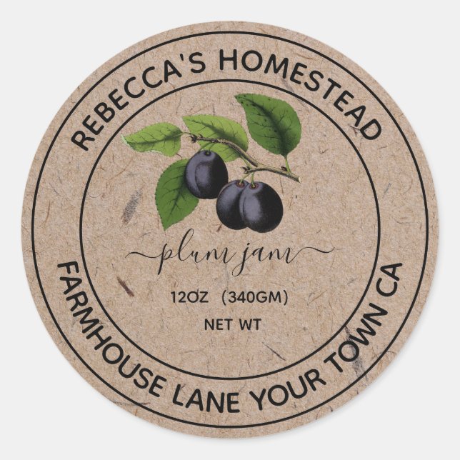 Plum Jam Kraft Paper Canning Jar Labels (Front)