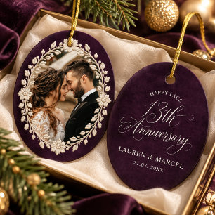 Plum Lace Thirteenth Wedding Anniversary Photo Ceramic Tree Decoration