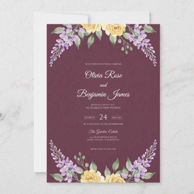 Plum Lavender Bloom Wedding Invitation (Front)