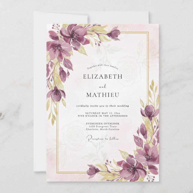 Plum Lavender Poppy Wedding Invitation (Front)