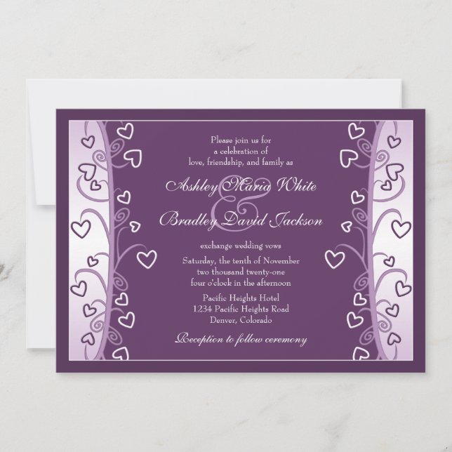 Plum Lavender Purple Hearts Wedding Invitation (Front)