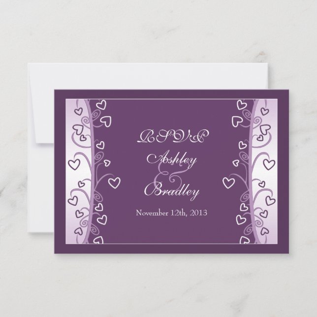 Plum Lavender Purple Hearts Wedding RSVP Card (Front)