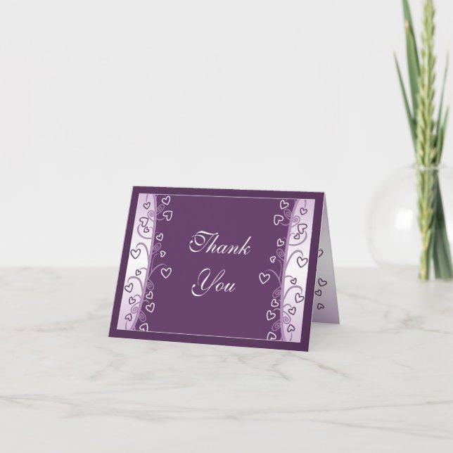 Plum Lavender Purple Hearts Wedding Thank You Card (Front)