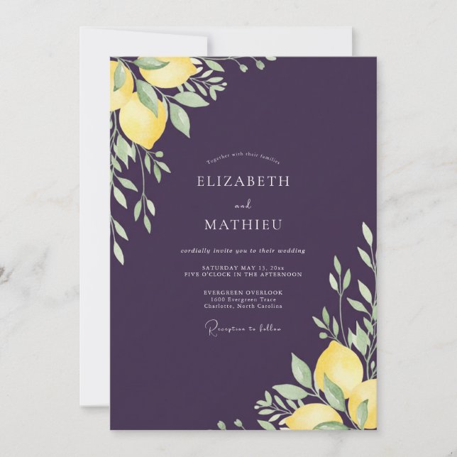 Plum Lemon Eucalyptus Wedding Invitation (Front)