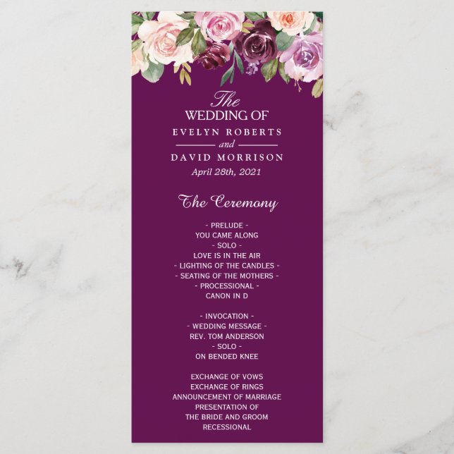 Plum Lilac Purple Blush Floral Chic Wedding Programme (Front)
