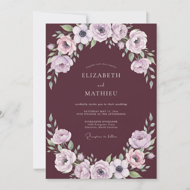 Plum Lilac Ranunculus Eucalyptus Wedding Invitation (Front)