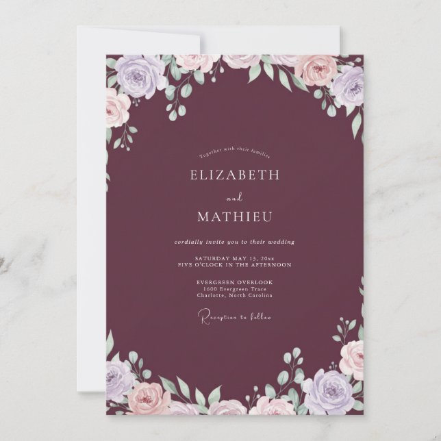 Plum Lilac Watercolor Wedding Invitation (Front)