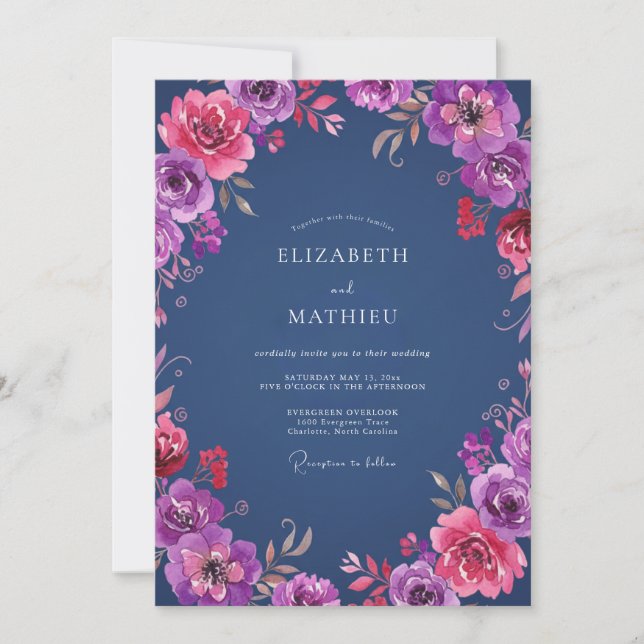 Plum Magenta Ranunculus Eucalyptus Wedding Invitation (Front)