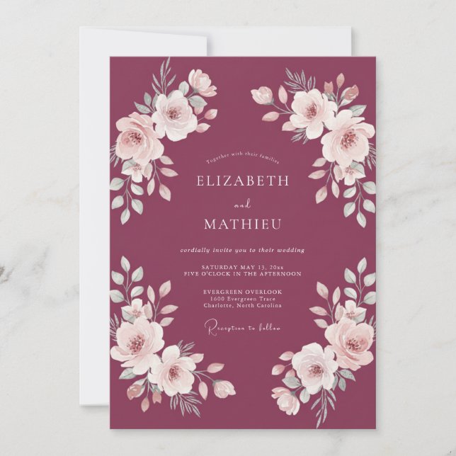 Plum Magnolia Wedding Invitation (Front)