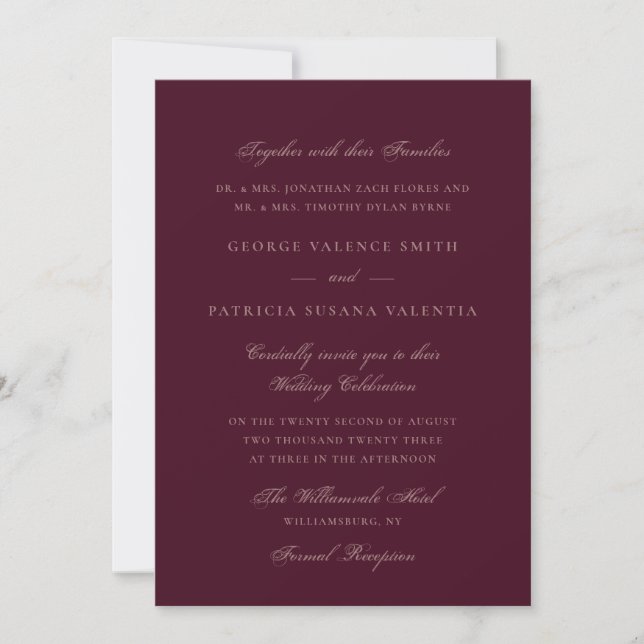 Plum Maroon Formal Calligraphy Elegant Wedding Invitation (Front)
