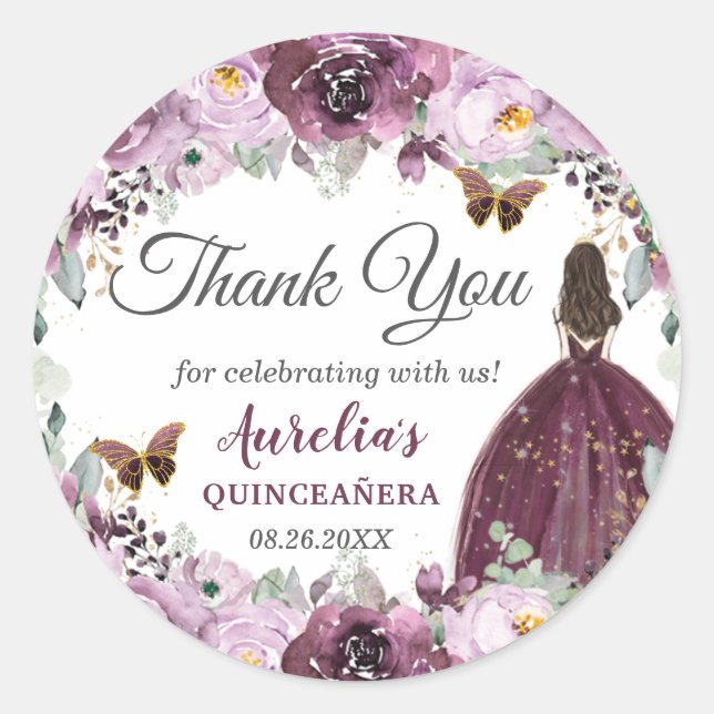 Plum Mauve Floral Butterflies Princess Favour Classic Round Sticker (Front)
