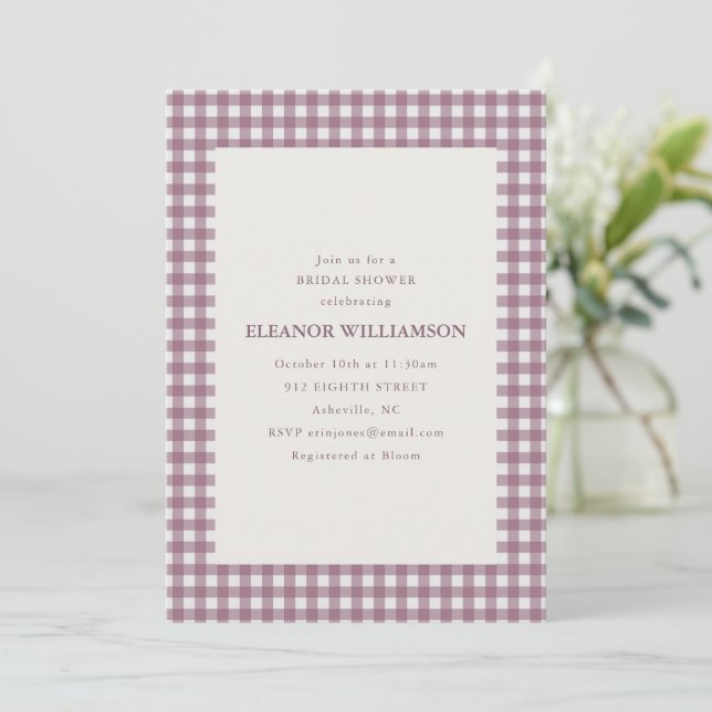 Plum Mauve Gingham Plaid Fall Bridal Shower Party Invitation (Standing Front)