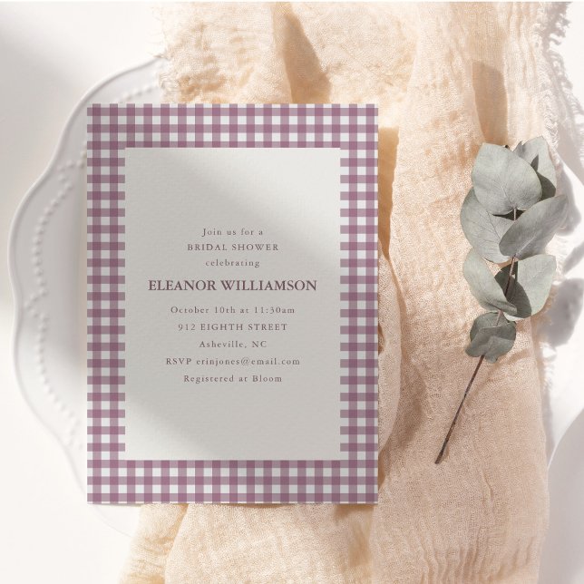 Plum Mauve Gingham Plaid Fall Bridal Shower Party Invitation (Creator Uploaded)