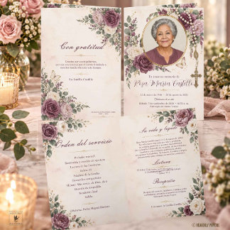 Plum Mauve Ivory Floral Photo Catholic Memorial  Programme