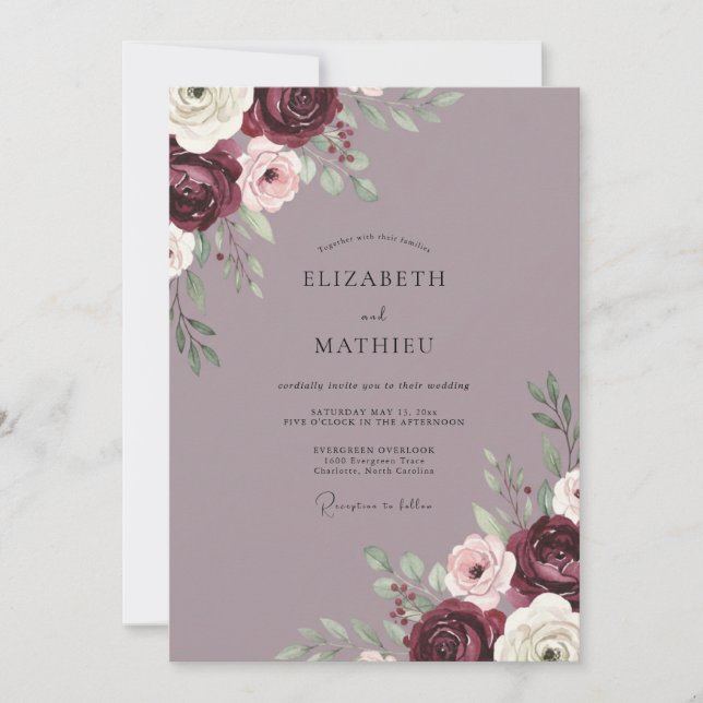 Plum Mauve Peony Wedding Invitation (Front)