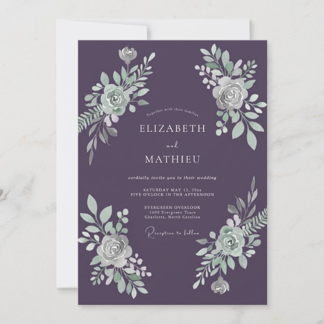 Plum Mint Foliage Eucalyptus Wedding Invitation (Front)