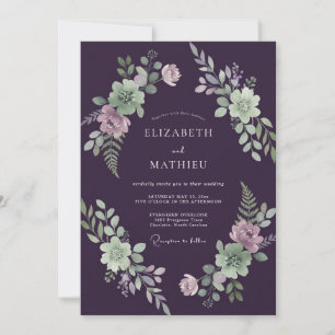 Plum Mint Foliage Grey Eucalyptus Wedding Invitation