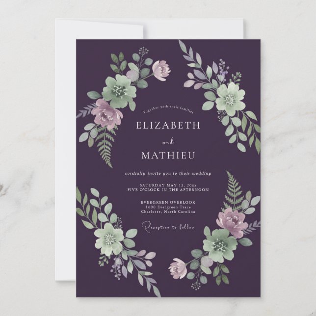 Plum Mint Foliage Grey Eucalyptus Wedding Invitation (Front)