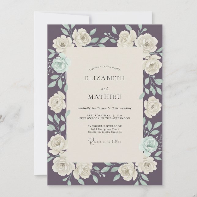 Plum Mint Leaf Wedding Invitation (Front)