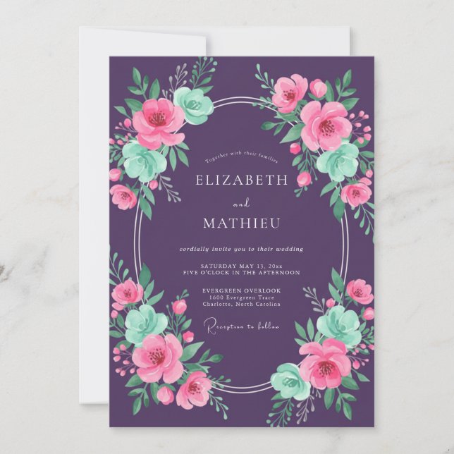 Plum Mint Petal Wedding Invitation (Front)