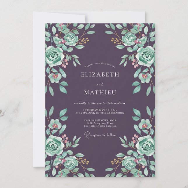 Plum Mint Ranunculus Grey Eucalyptus Wedding Invitation (Front)