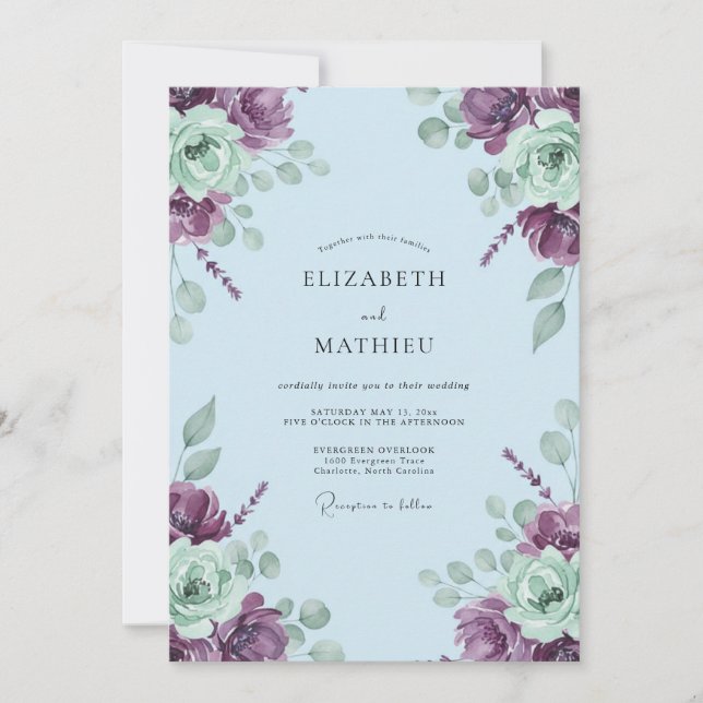 Plum Mint Ranunculus Soft Eucalyptus Wedding Invitation (Front)