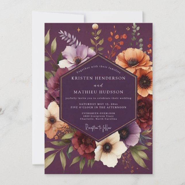 Plum Moody Botanical Wedding Invitation (Front)